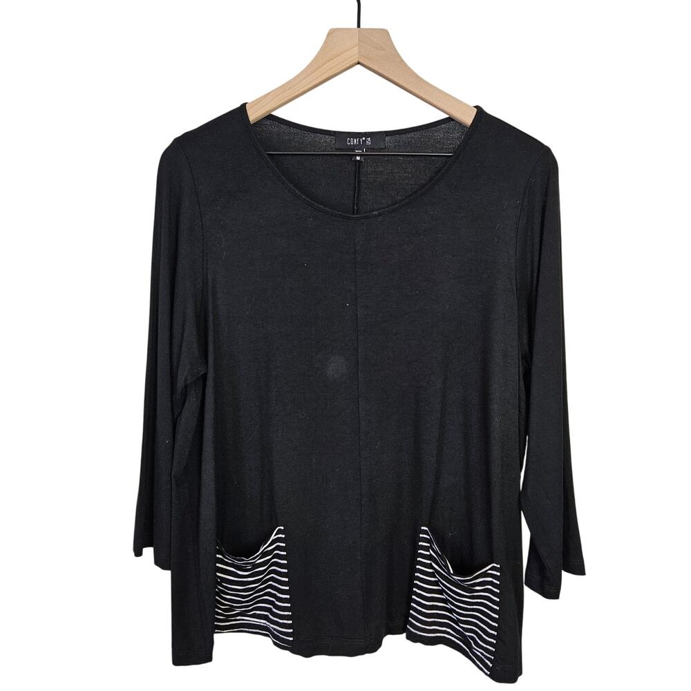 Comfy USA‎ Jersey Knit Tee Stripe Pockets Long Sleeve M Black